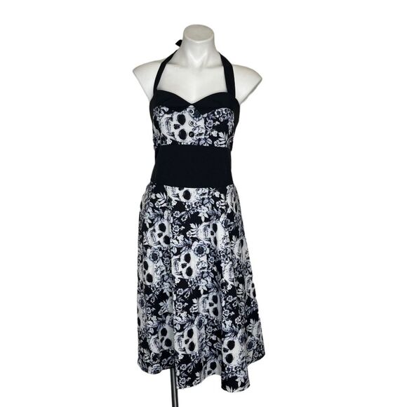 Sugar Skulls Roses Black White Blue Halter Dress Retro Rockabilly Style - Picture 2 of 8